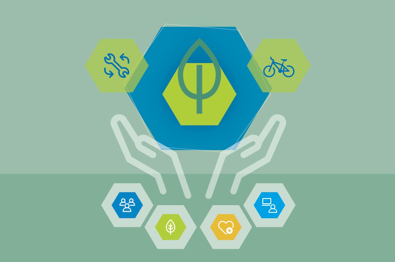 Grafik aus mehrere Icons, die für die Nachhaltigkeitsstrategie der WERTGARANTIE Group stehen