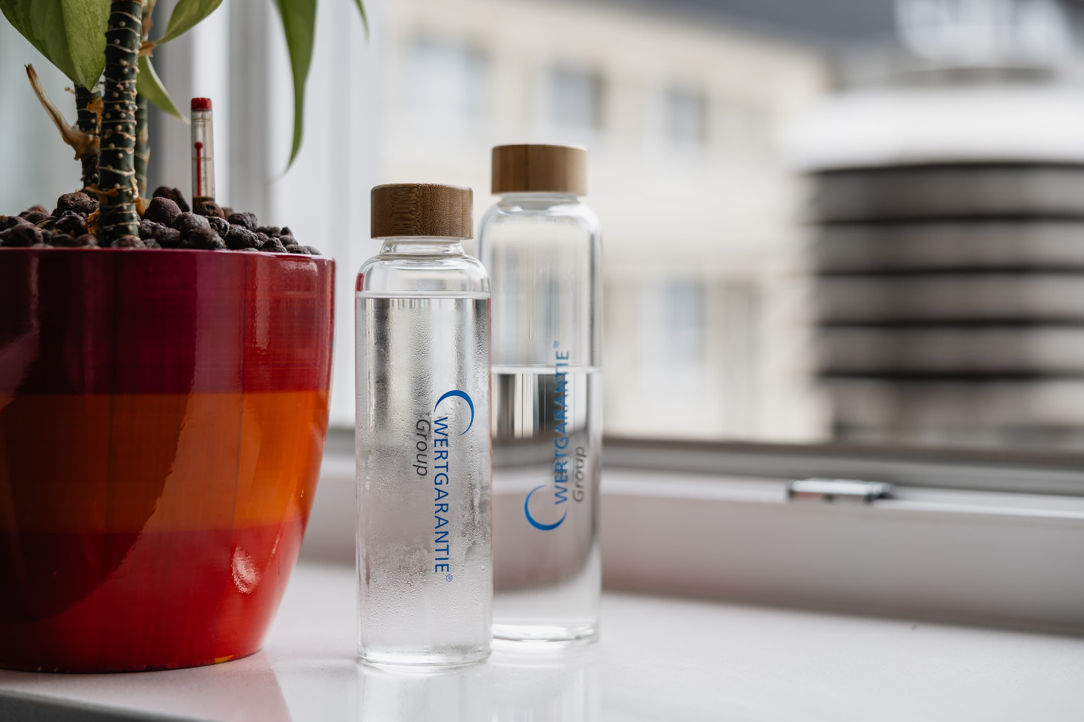 Zwei wiederverwendbare Trinkflasche aus Glas stehen nebeneinander auf einer Fensterbank.